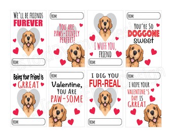 PRINTABLE Golden RetrieverPuppy Dog Valentine&#39;s Cards - Write Your Own Name - Instant Download Print Out at Home DIY