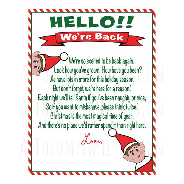 Elf We're Back Welcome  Arrival Letter for Two Elves | Printable | PNG PDF