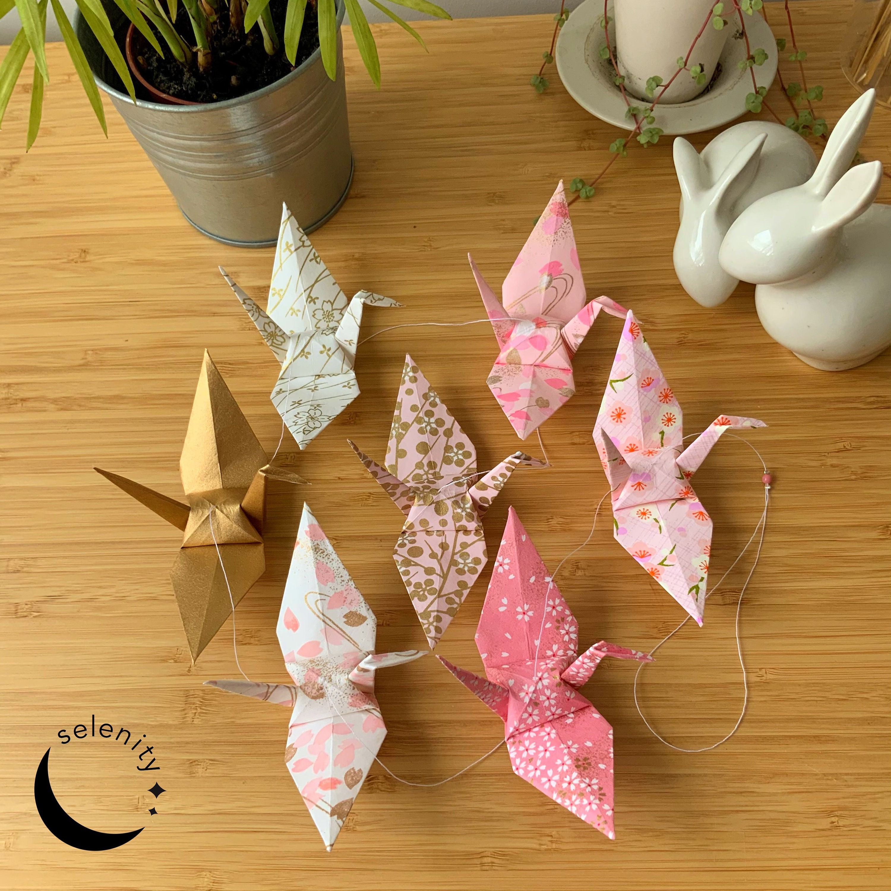 Guirlande Blossom - Guirlande de Grues en Origami Réalisée Papier Japonais à Motifs Tons Rose et Or