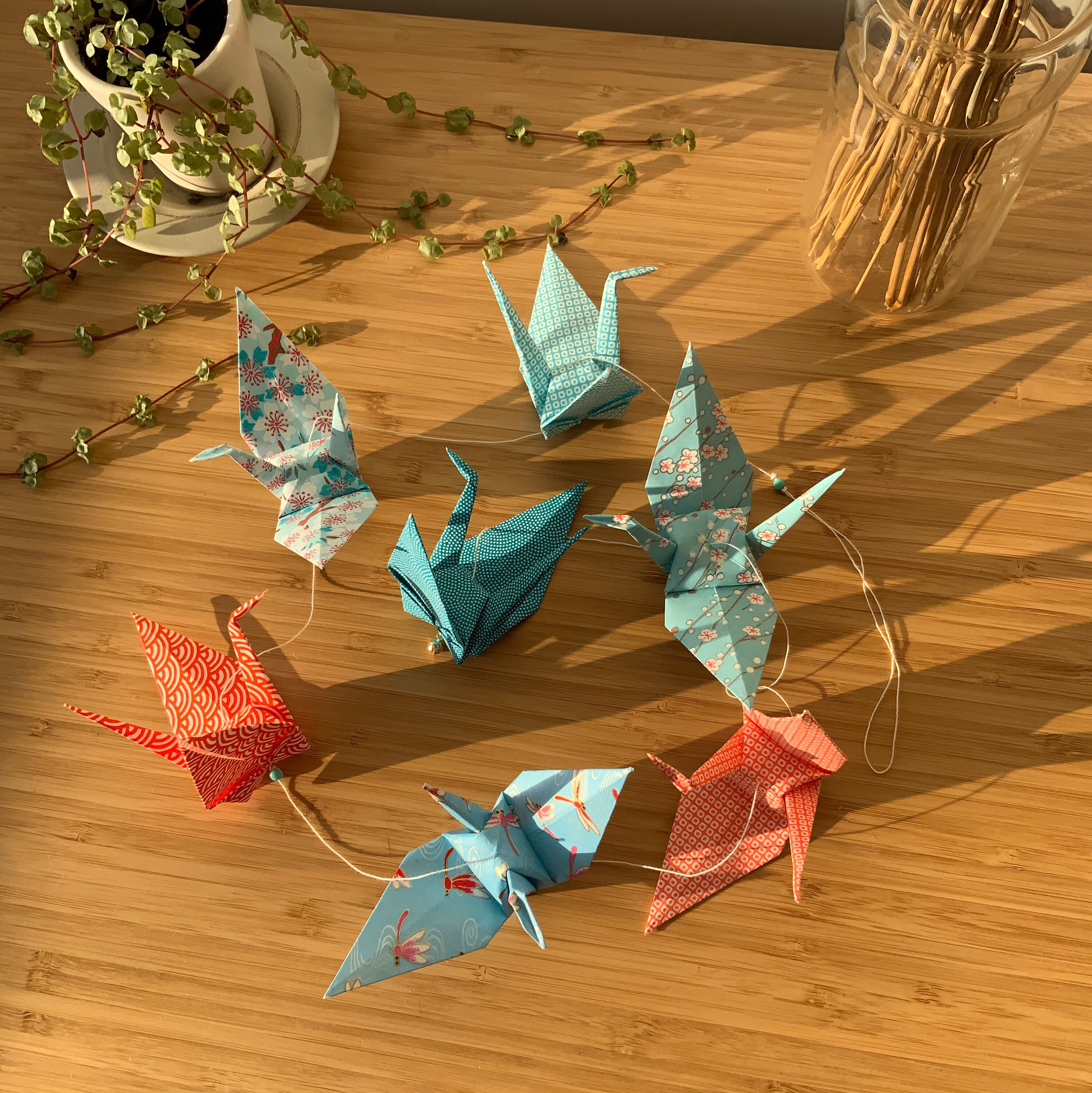 Guirlande Summer Sunset - Guirlande de Grues en Origami Réalisée Papier Japonais à Motif Tons Turquo
