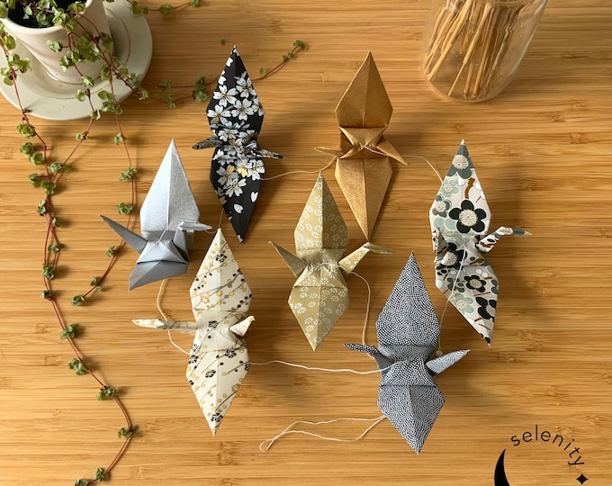 Elegance Garland Origami Crane Garland Made With Japanese Patterned Paper Black and Gold Tones