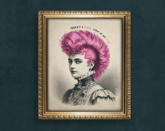 Pink Hair Punk Victorian Lady Art Print: Eclectic Gothic Maximalist Home Decor
