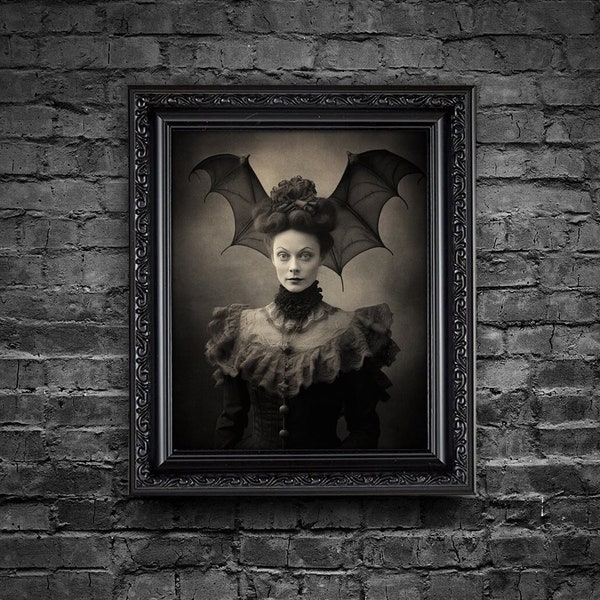 Vintage Victorian Witch Bat Woman Art Print Dark Academia Creepy Lady Portrait Gothic Horror Spooky Alt Wall Art Vampire Goth Décor