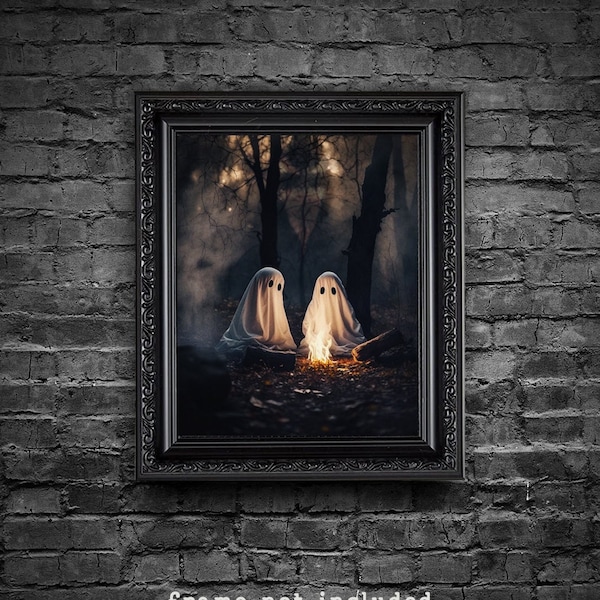 Ghost Stories Art Print, Dark Romantic Ghost Couple Campfire Creepy Woods Forest, Horror Spooky Cute Alt Wall Art, Fun Goth Décor