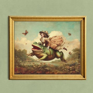 Frosch Reiter lustiger vielseitiger Vintage Kunstdruck, Retro viktorianische Lady Surreal skurril Wohnkultur, Dumme Kröte Tier Maximalist Poster