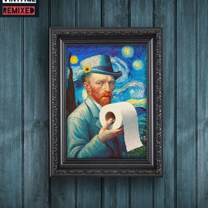 May include: A framed painting of a man with a beard and a blue hat holding a roll of toilet paper. The painting is a parody of Vincent van Gogh's "Starry Night" and features a swirling blue sky with yellow stars.