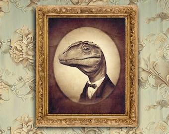 Vintage Dinosaur Portrait Art Print: Victorian Quirky Wall Decor