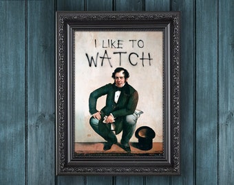 Funny Bathroom Art Print: Silly Altered Vintage Painting, Creepy Graffiti Typography