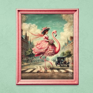 Pink Flamingo Lustiger Eklektischer Vintage Kunst Druck, Wunderliches Retro Viktorianisches Wohn Dekor, Funky Tier Jugendstil Maximalist Englisches London Poster