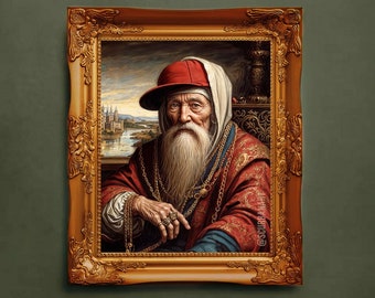 May include: A painting of a man with a long white beard wearing a red hat and a gold chain necklace. He is sitting in a chair with a red and gold patterned robe. The background is a landscape with a river and buildings in the distance.