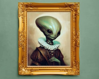 Victorian Alien Portrait Vintage Painting Art Print Funny Quirky Home Eclectic Alien UFO NASA Sci-Fi Horror Fan Creepy Fun Art Print