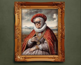 Funny Tattooed Grandma Art Print: Quirky Renaissance Portrait