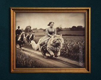 Funny Vintage Art Print, Victorian Cat Rider Lady Quirky Unusual Weird Sepia Photo Silly Whimsical Eclectic Wall Art