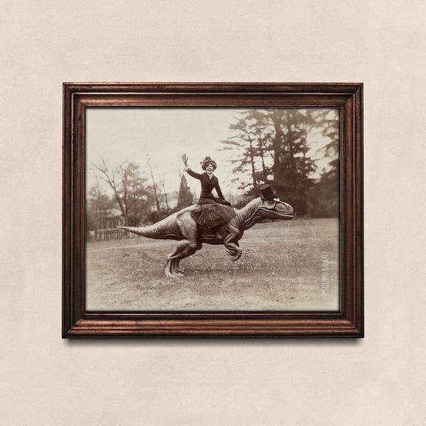 Funny Vintage Art Print, Victorian Dinosaur Lady Quirky Unusual Weird Photo Silly Whimsical Eclectic Wall Art