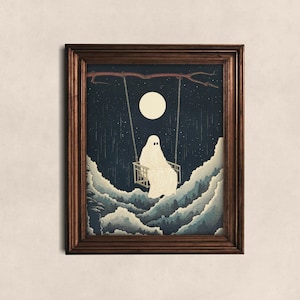 Ghost Swing unter moonlit Sternenhimmel Kunstdruck, niedlicher Geist Mond Sterne japanische Malerei Stil gruselige Wand Kunst Spaß Goth Dekor Geschenk