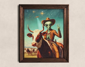Cowboy Alien Art Print: Funny Retro Western UFO Poster