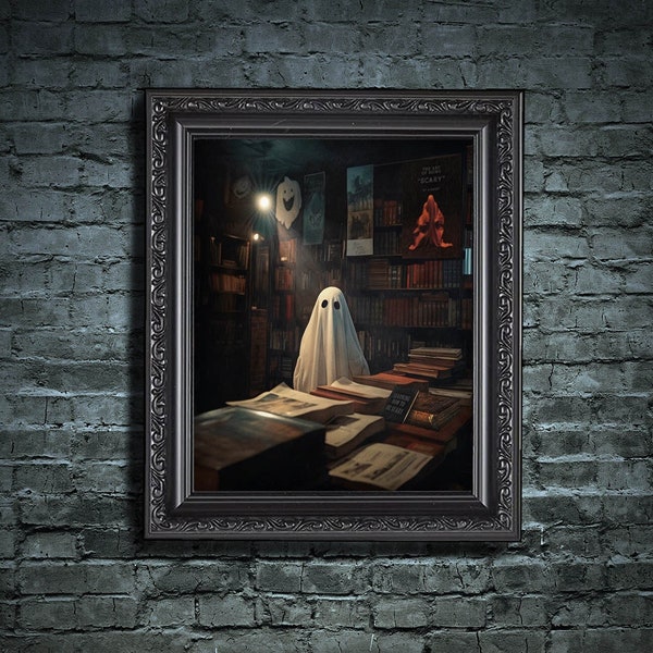 Bookstore Ghost Art Print, Dark Academia Learning How to Be Scary Creepy Horror Spooky Cute Book Lover Alt Wall Art, Fun Goth Décor