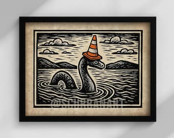 Funny Nessie Linocut Art Print: Scottish Loch Ness Monster Cone Head