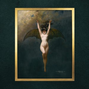 Gotisk häxa med fladdermuskvinna av Albert Joseph Penot, reproduktion av konst, Halloween Goth-väggposter för hemmet