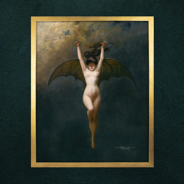 Gotisk häxa med fladdermuskvinna av Albert Joseph Penot, reproduktion av konst, Halloween Goth-väggposter för hemmet