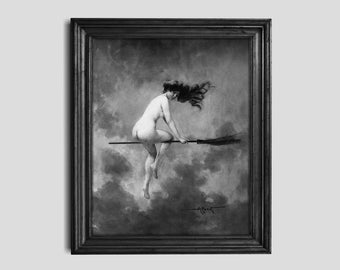 May include: A black and white painting depicting a woman flying on a broomstick. The woman is nude and has long flowing hair. The background is a cloudy sky.