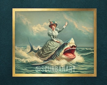 Funny Shark Rider Art Print: Victorian Lady, Whimsical Nautical Bathroom Décor