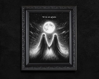 Ghost Couple Gift Art Print, Dark Romantic Personalised Custom Names, Cute Charcoal Drawing Moon Stars Spooky Fun Alt Gothic Home Wall Art