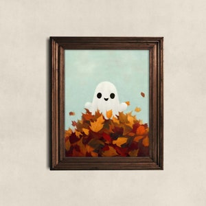 Fantasma ama l'autunno stampa artistica, simpatico fantasma felice poster immagine caduta foresta raccolto pastello Halloween spettrale carino Alt Wall Art, divertente arredamento Goth