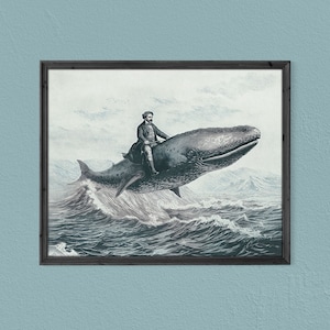Könnte beinhalten: Eine Vintage-Illustration eines Mannes, der auf einem Wal durch die Wellen des Ozeans reitet. Der Mann trägt einen Anzug und einen Hut, und der Wal springt aus dem Wasser. Das Bild ist in Blautönen und Grautönen gehalten.