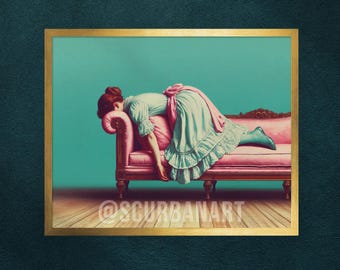 PLANK! Funny Vintage Art Print, Face Down Young Lady Pink Couch Sofa Quirky Whimsical Eclectic Home Maximalist Décor