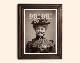 OUI OUI Funny Altered Vintage Photo Sarcastic Posh French Quirky Wall Art Hallway Bathroom Art Print Alt Typography Quote