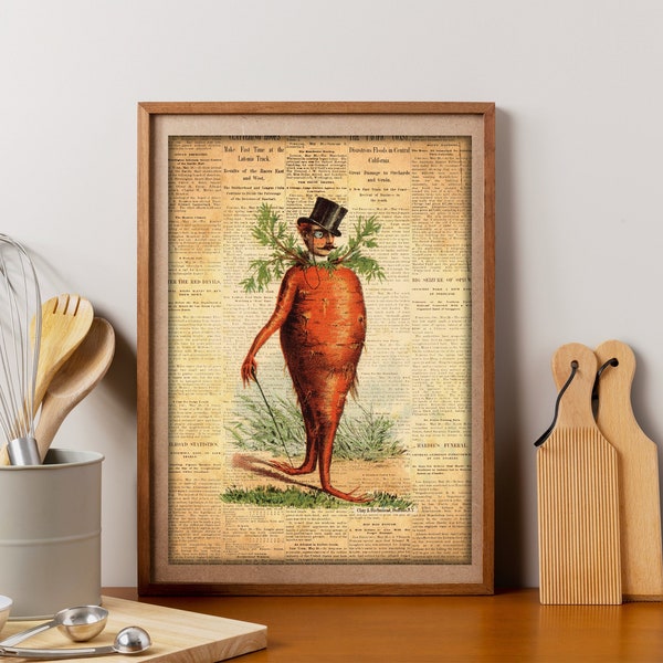 Funny Kitchen Art Print Vintage Poster Victorian Carrot Man Drawing Quirky Whimsical Home Vegetable Kitsch Fun Eclectic