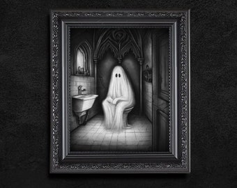 Funny Ghost on Toilet Art Print: Gothic Bathroom Charcoal Drawing