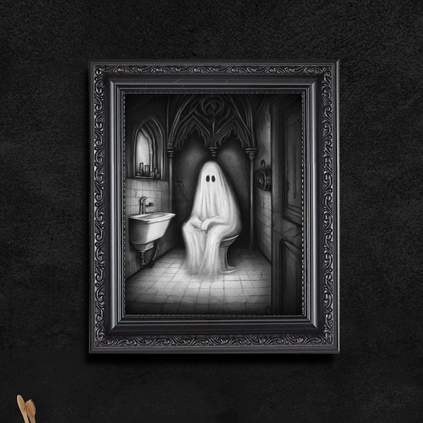 Geist auf Toilette Lustig Badezimmer Kunstdruck, dunkel Gothic niedlichen Geist Kohle Zeichnung gruselige süße Alt Wand Kunst, Fun Goth Dekor