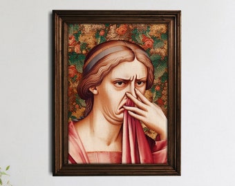 May include: A vintage-style painting of a woman with a disgusted expression, covering her nose with a red cloth. The painting is framed in a dark wood frame and has a floral background.
