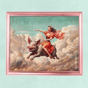 Schweine können fliegen Lustig Eclectic Vintage Kunstdruck, Retro Surreal Dopamin Skurril Wohnkultur, Dummes Tier Maximalist Poster