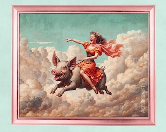 Pigs Can Fly Funny Eclectic Vintage Art Print, Retro Surreal Dopamine Whimsical Home Décor, Silly Funky Animal Maximalist Poster