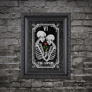 Lovers Tarot Card Wall Art Print Floral Skulls Dark Academia, Vintage Halloween Love Romance Skeleton Macabre, Alt Gothic Home Décor