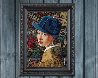 Altered Vintage Painting Girl with a Pearl Earring Urban Rococo Eclectic Graffiti Street Wall Décor Art Print