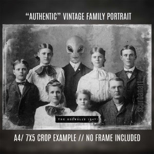 May include: A black and white vintage photograph of a family portrait. The family is posed in a formal setting, with the father in the center and the mother to his right. The children are arranged in a line in front of their parents. The father is wearing a suit and tie, and the mother is wearing a dress. The children are wearing various clothing. The text "THE ROSWELLS 1947" is visible at the bottom of the photo.