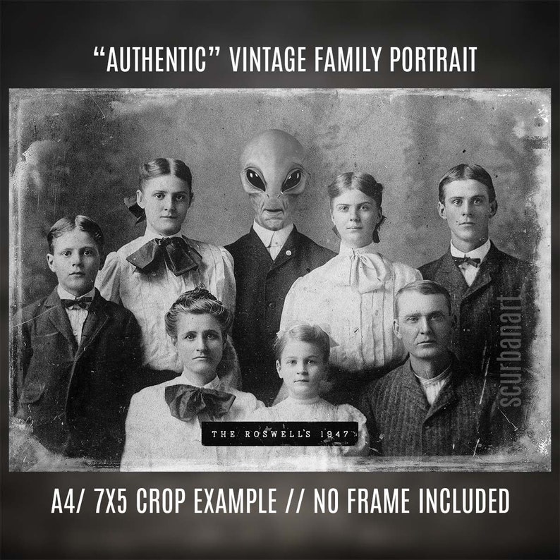 May include: A black and white vintage photograph of a family portrait. The family is posed in a formal setting, with the father in the center and the mother to his right. The children are arranged in a line in front of their parents. The father is wearing a suit and tie, and the mother is wearing a dress. The children are wearing various clothing. The text "THE ROSWELLS 1947" is visible at the bottom of the photo.