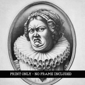 May include: A black and white portrait of a woman with a stern expression. She is wearing a large, ruffled collar and a head covering. The portrait is framed in a simple oval.