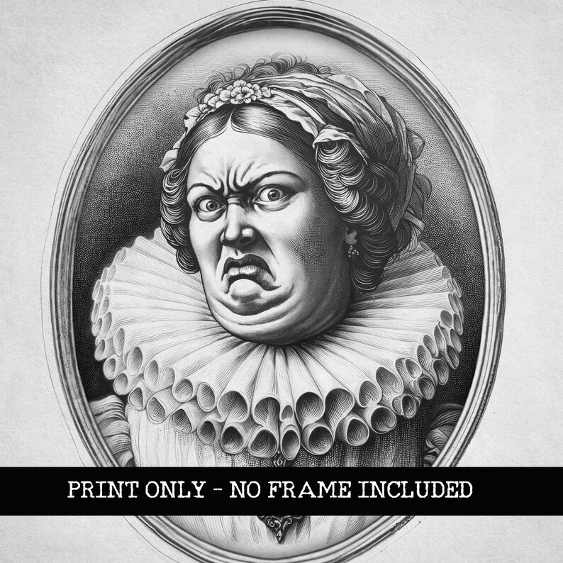 May include: A black and white portrait of a woman with a stern expression. She is wearing a large, ruffled collar and a head covering. The portrait is framed in a simple oval.