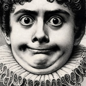 May include: A black and white drawing of a person with a wide-eyed, exaggerated expression. The person is wearing a large, ruffled collar.