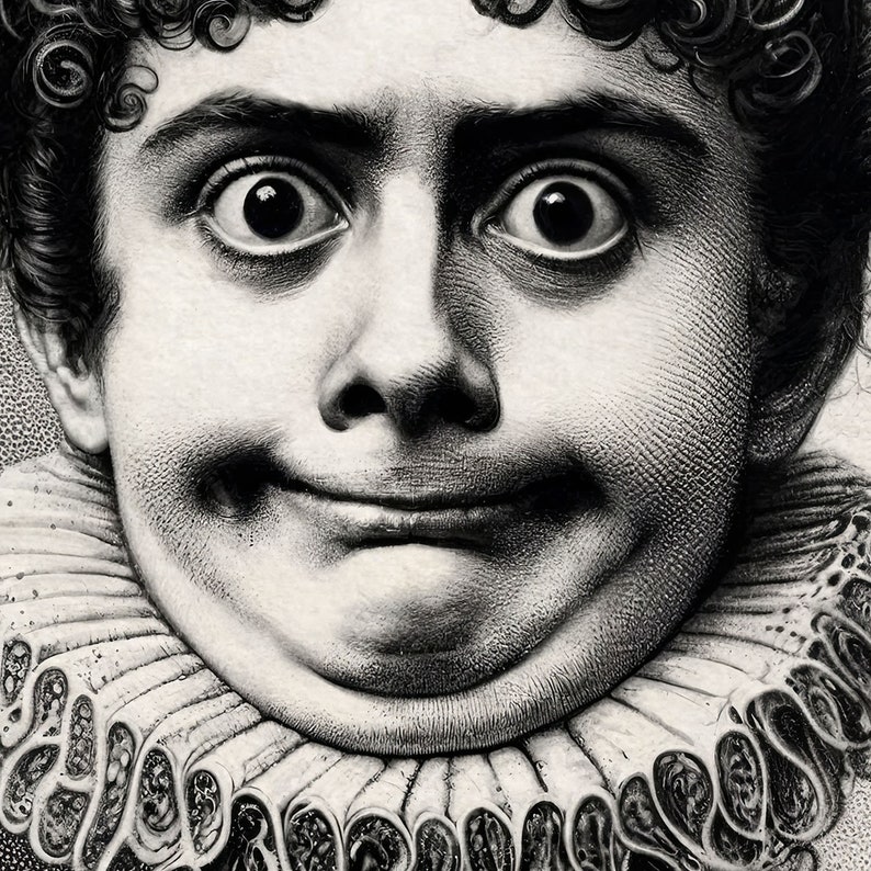 May include: A black and white drawing of a person with a wide-eyed, exaggerated expression. The person is wearing a large, ruffled collar.