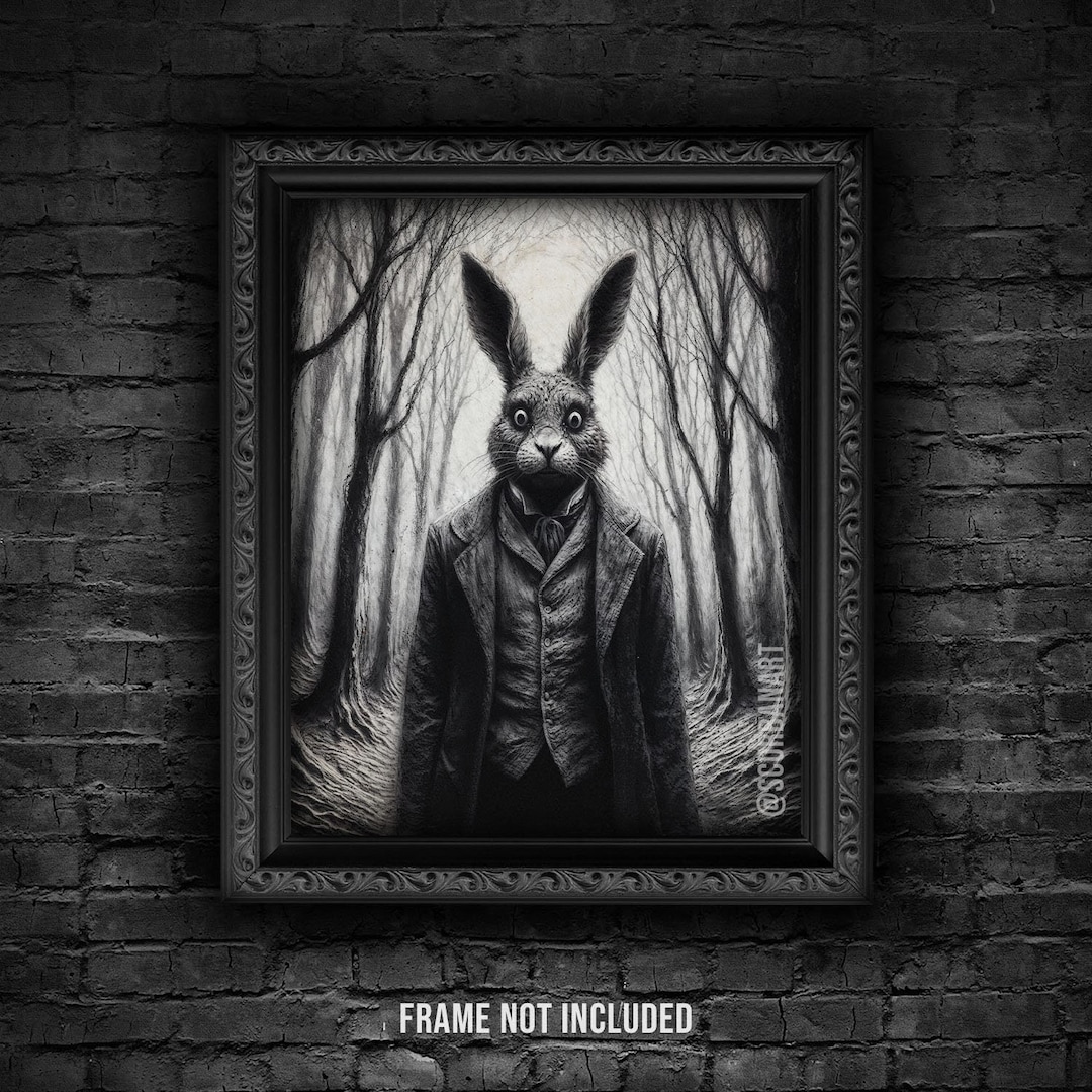 Creepy Victorian Rabbit Art Print Dark Forest Staring Hypnotic Portrait ...
