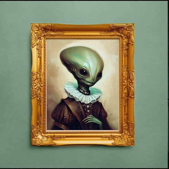 Victorian Alien Portrait Vintage Painting Art Print Funny Quirky