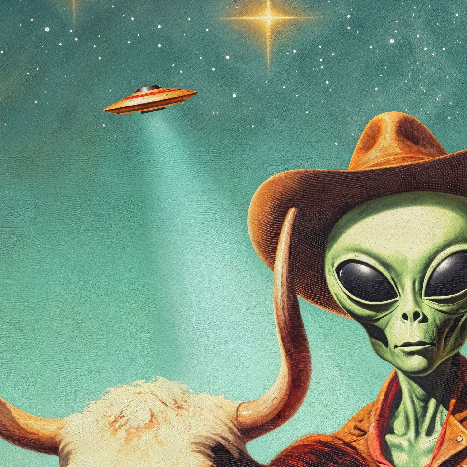 Cowboy Alien Art Print: Funny Retro Western UFO Poster - Etsy