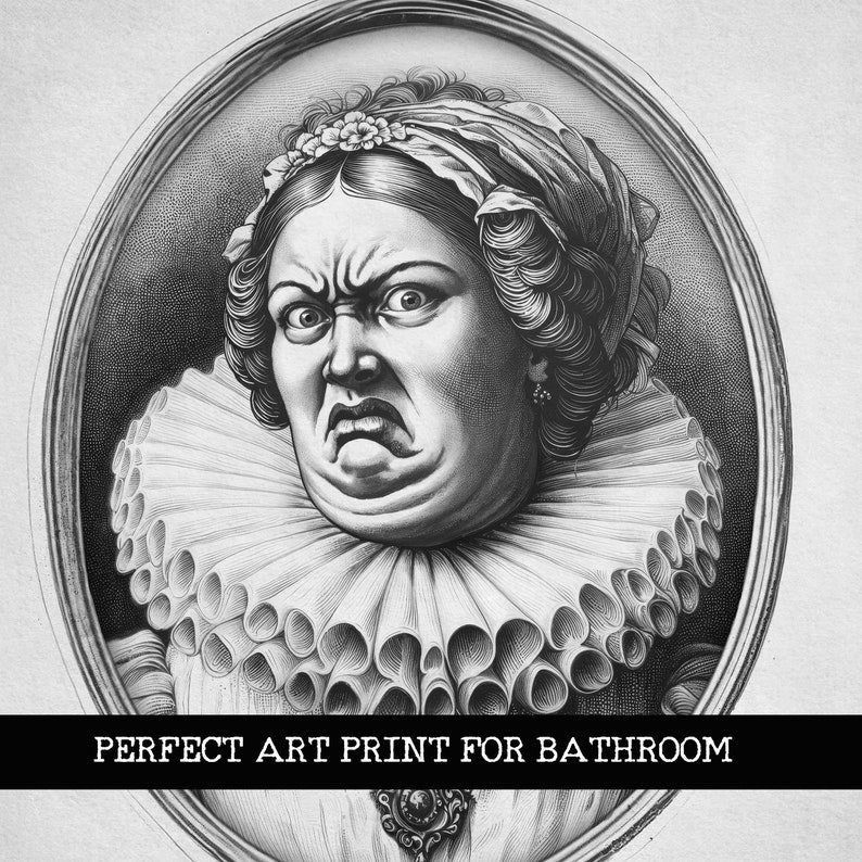 May include: Black and white portrait of a woman with a stern expression. She is wearing a large, ruffled collar and a headband with flowers. The portrait is framed in an oval.
