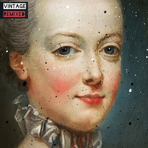 May include: A vintage portrait of a woman with a white powdered wig, wearing a white lace collar. The portrait is painted in a realistic style and has a textured, grainy effect. The background is a dark blue color with white and black speckles.
